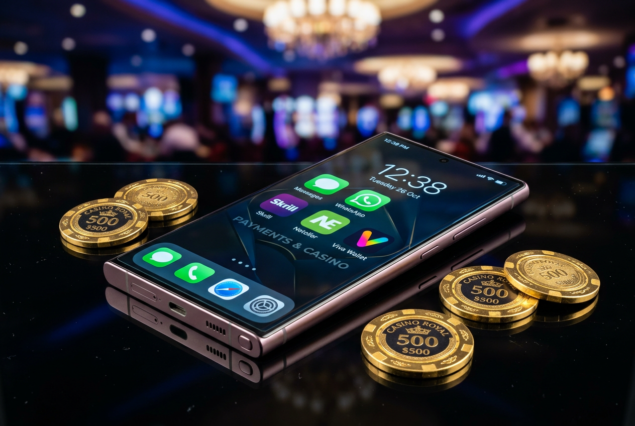 A mobile phone showing digital payment options for casinos.