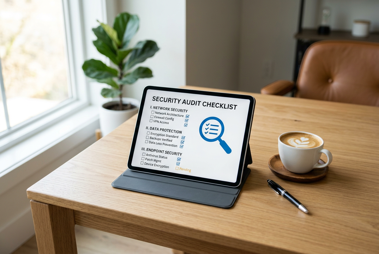 A workplace with a tablet showing security audit details.