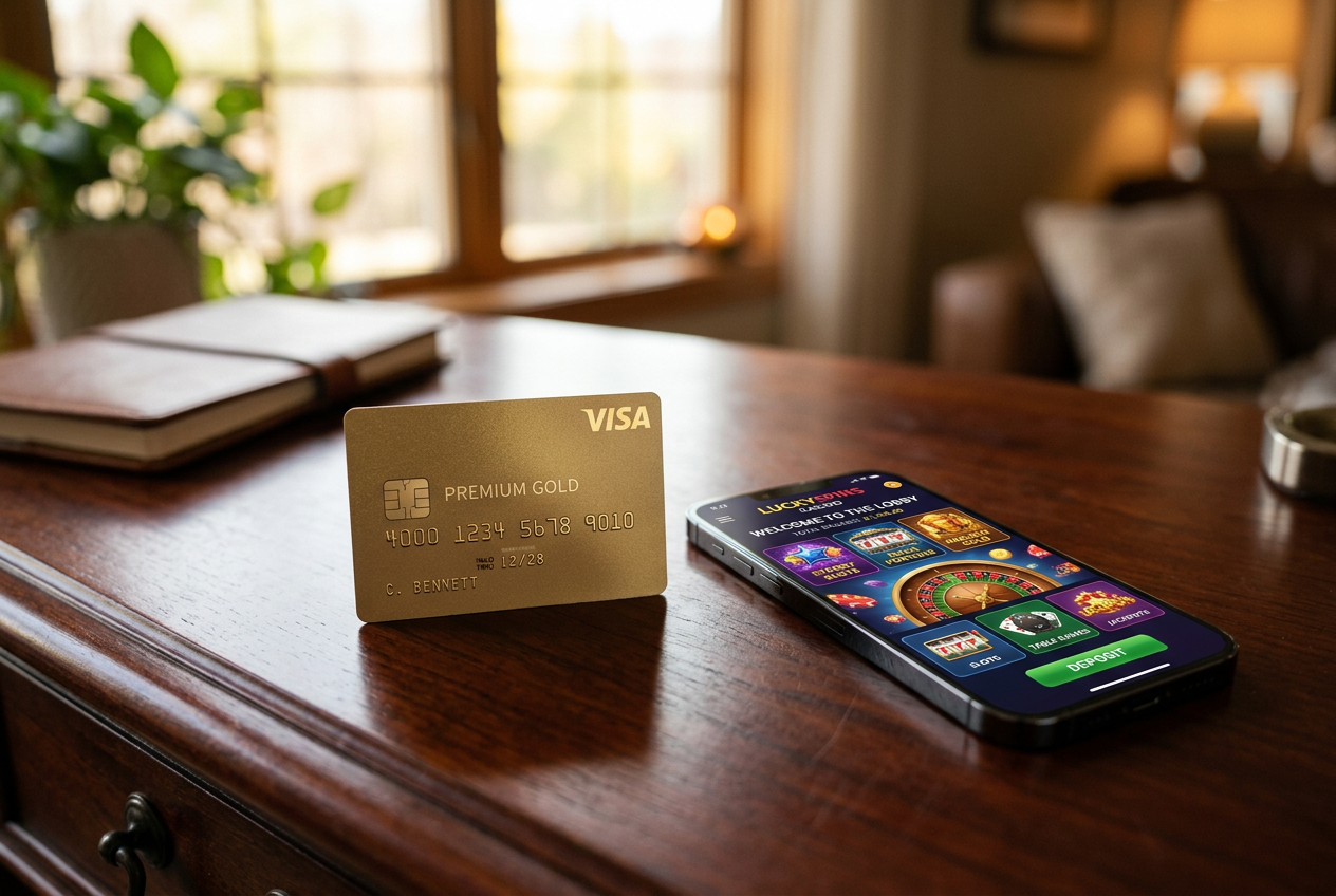 Πολυτελής κάρτα Visa δίπλα σε smartphone που δείχνει παιχνίδια καζίνο.